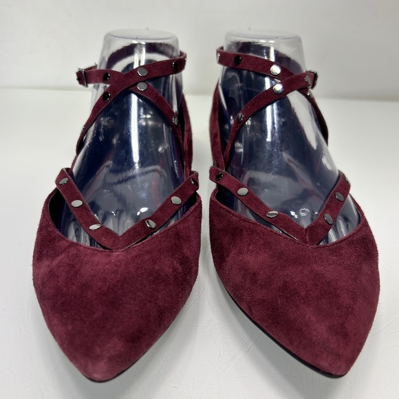 Rebecca Minkoff Faye Dark Maroon Suede Studded Straps Pointed Toe Flats Size 8 - Picture 4 of 12
